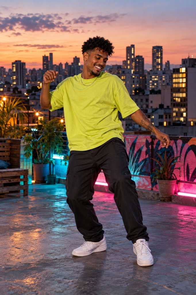 Dançarino de camiseta verde em um terraço ao pôr do sol