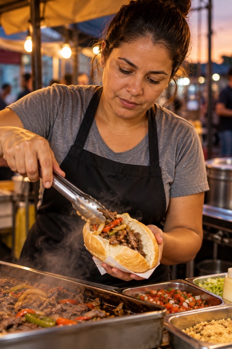 Cozinheira preparando comida em uma banca de rua
